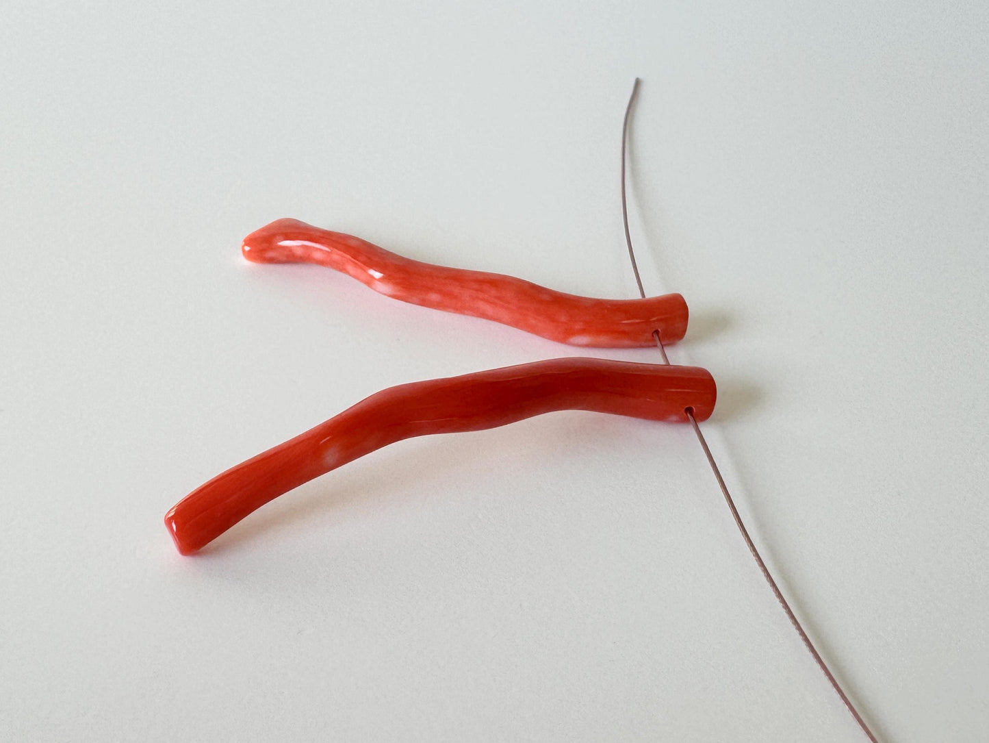 Momo Coral Branches Natural Japanese, Set of 2 Orange Vermilion (44-45mm, Side Full-Hole, Genuine Coral)