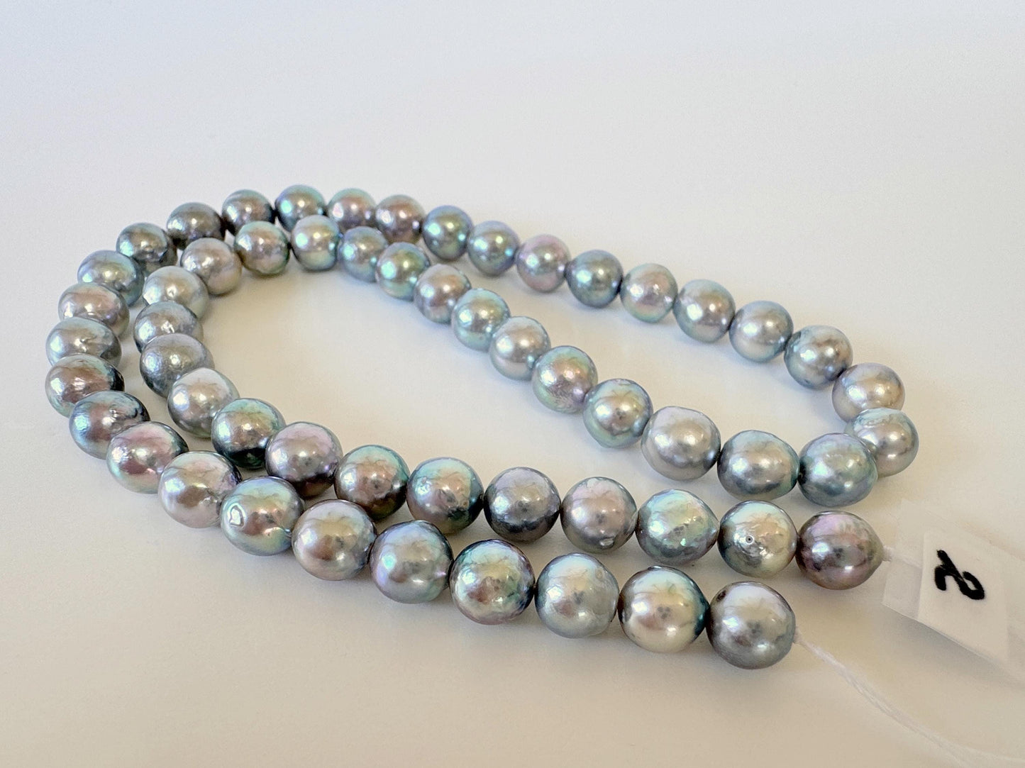 Japanese Akoya Pearl Strand - Cultured Semi-Round Beads - Natural Blue Silver Color, 7-7.5mm Size, Full 40cm Length