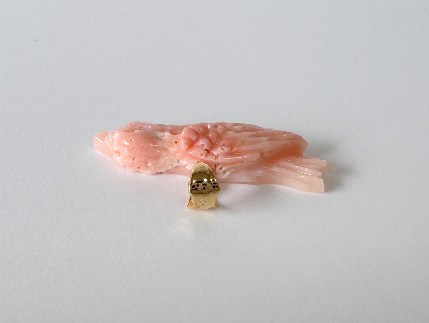 Carved Coral Bird Pendant Natural Jewelry, Pink Deep Sea Coral (35x10.4mm, Gold-plated Silver Bail, Hand Carved)