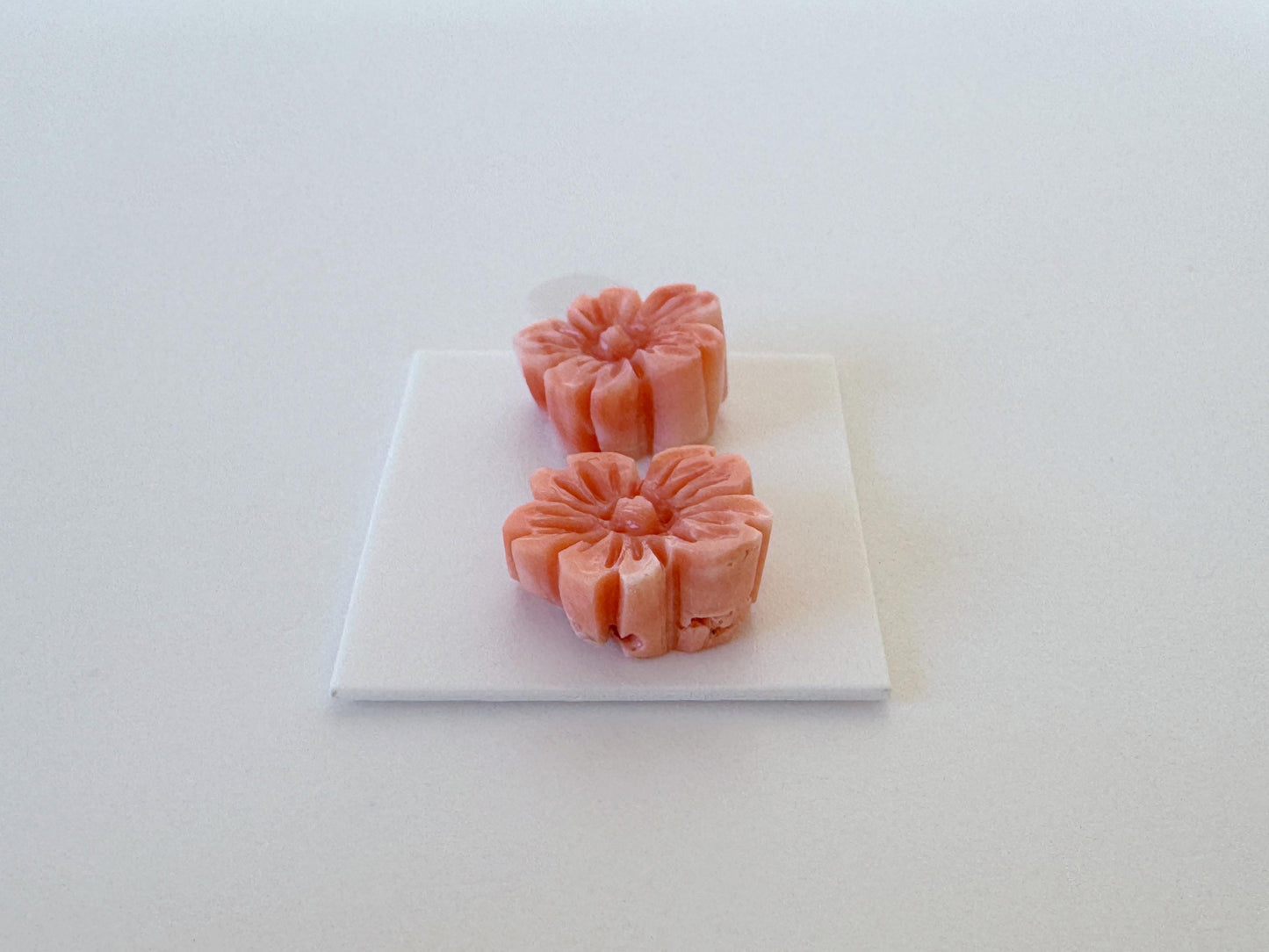 Natural Deep Sea Coral Cherry Blossom Carvings, Pink Orange Sakura Pair 14-15mm