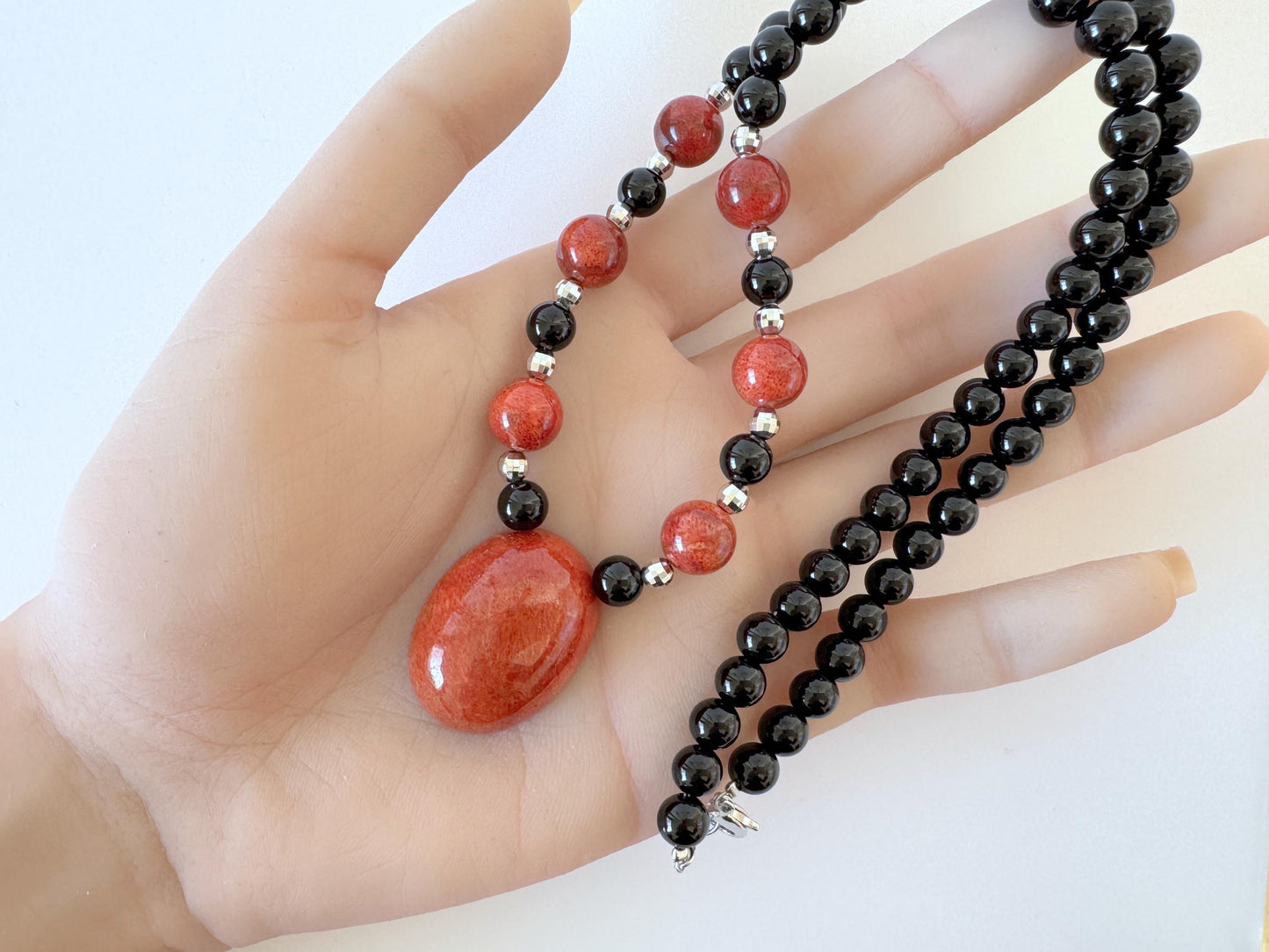 Onyx, Sponge Coral Necklace, Brass Hook & Adjuster