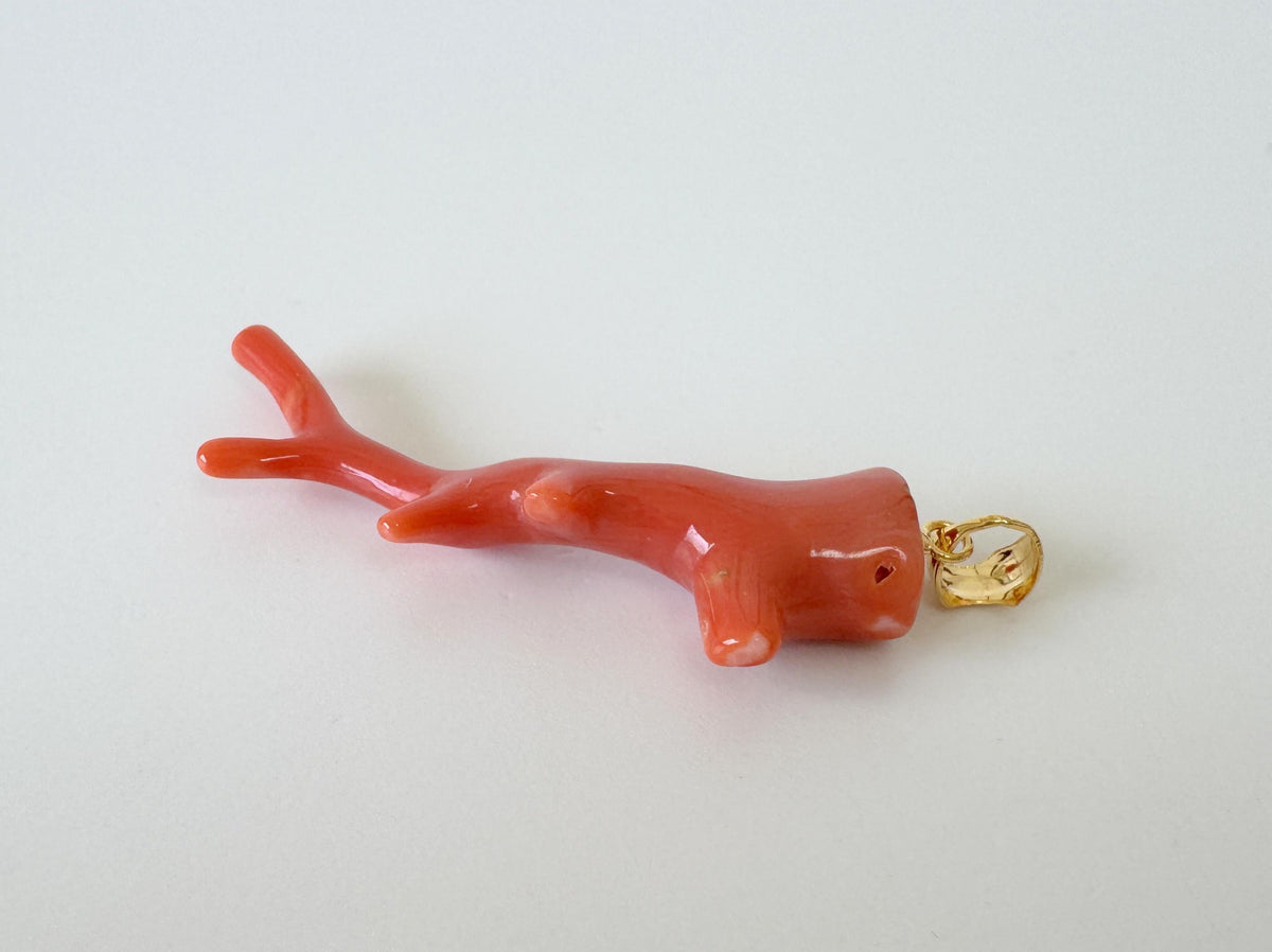 Momo Coral Branch Pendant: Natural Japanese Orange Coral Jewelry (44mm Size, Silver Gold-Plated Bail, Genuine Supply)