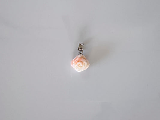 Deep Sea Coral Rose carved Pendant, 13.2x13mm, Natural White/Pink Color Coral, Silver (rhodium plated) bail, Genuine Coral Pendant