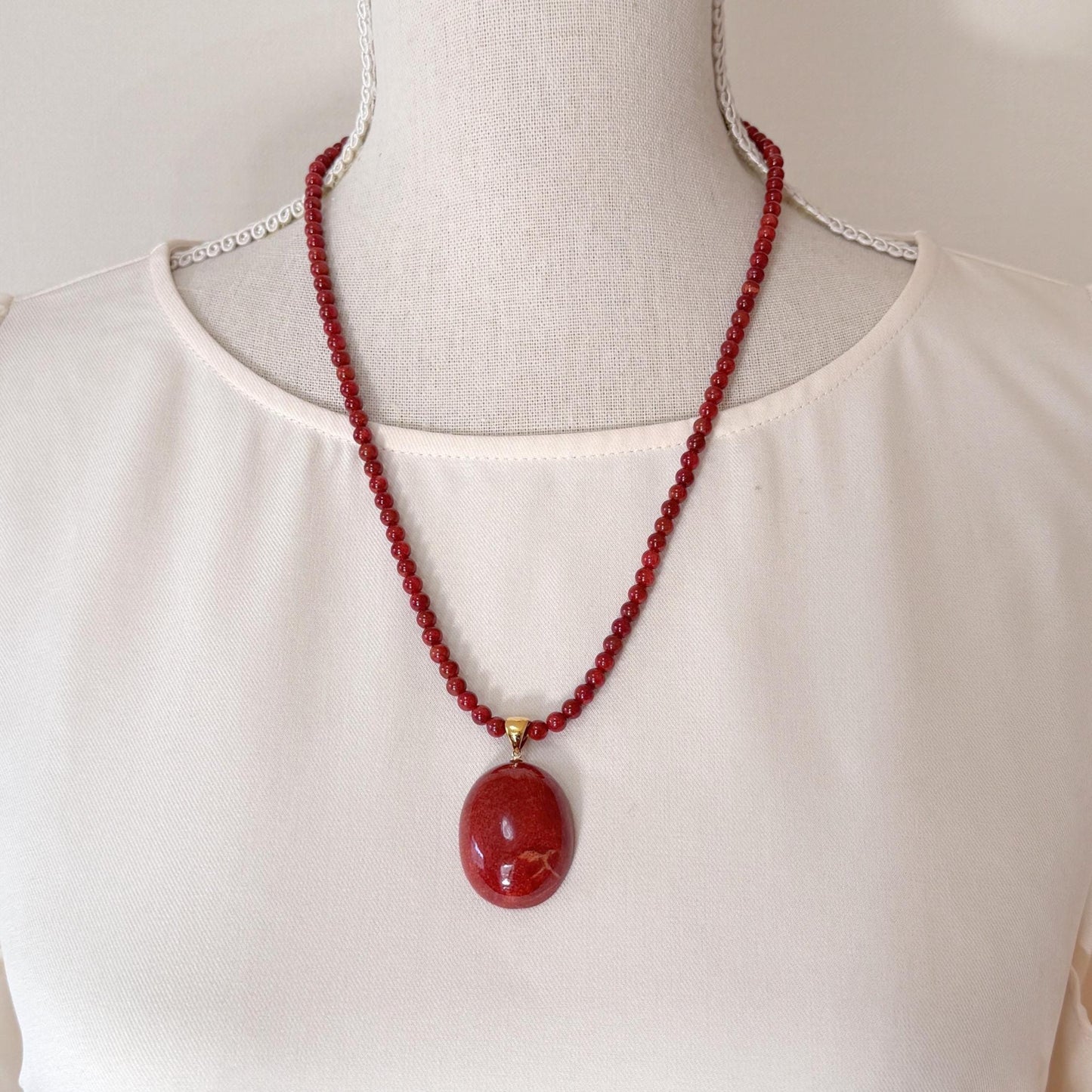 Sponge Coral Necklace with Oval Pendant, Dark Red, Brass Hook & Adjuster, Bail