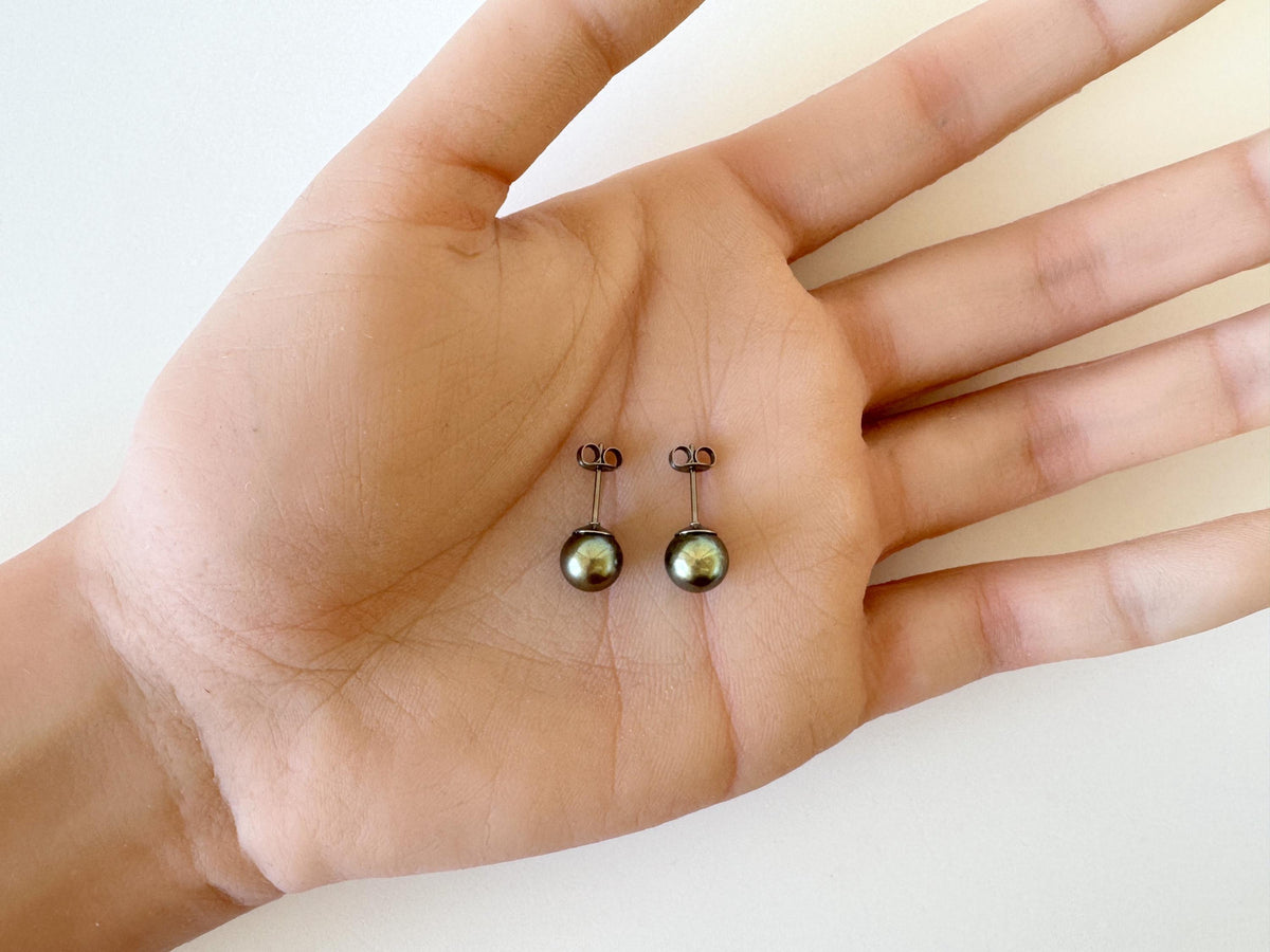 Japanese Peacock Black Akoya Pearl (Color Treated) Stud Earrings (7-7.5mm, Titanium Posts, Saltwater Cultured)