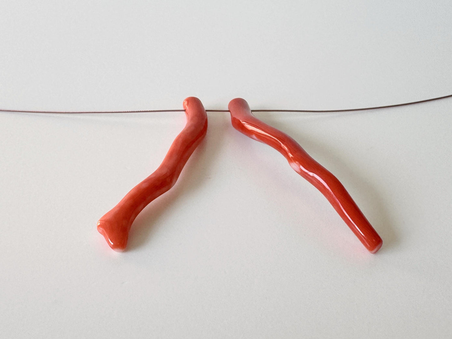 Momo Coral Branches Natural Japanese, Set of 2 Orange Vermilion (44-45mm, Side Full-Hole, Genuine Coral)