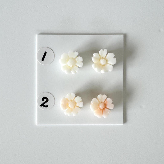 Coral Cherry Blossom Carvings: Natural Deep Sea Coral Sakura Loose Pair, White Pink Tones | 10mm, Half Drilled, Jewelry Making Supplies