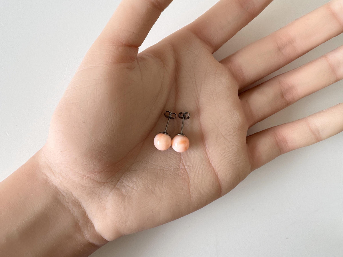 Deep Sea Coral Stud Earrings - Natural Pink Orange Round Shape - Titanium Post Backing, Genuine Coral, 7.5mm