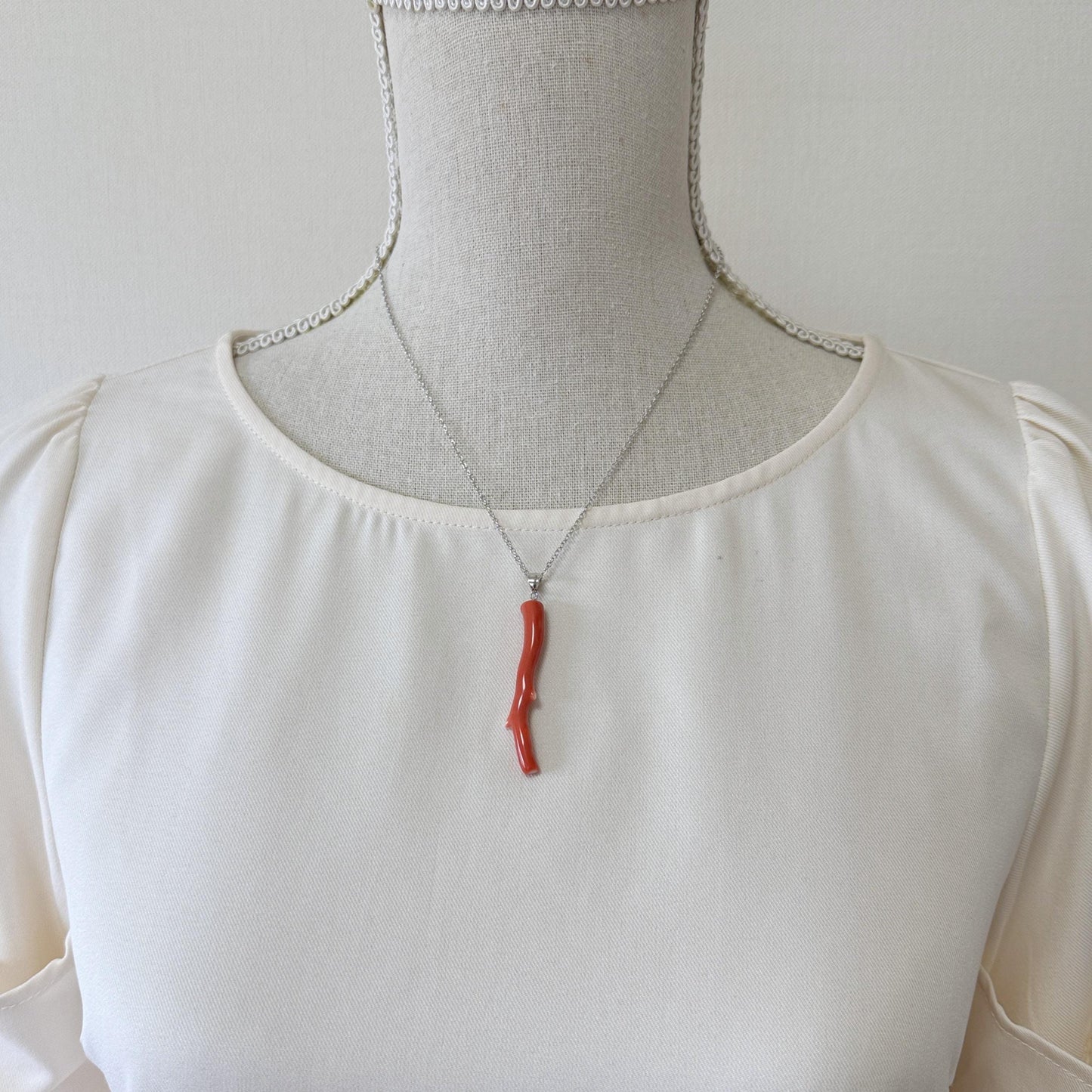 Natural  Momo coral branch pendant, 49mm, Natural Japanese Orange color coral branch pendant, Silver (Rhodium-Plated) bail