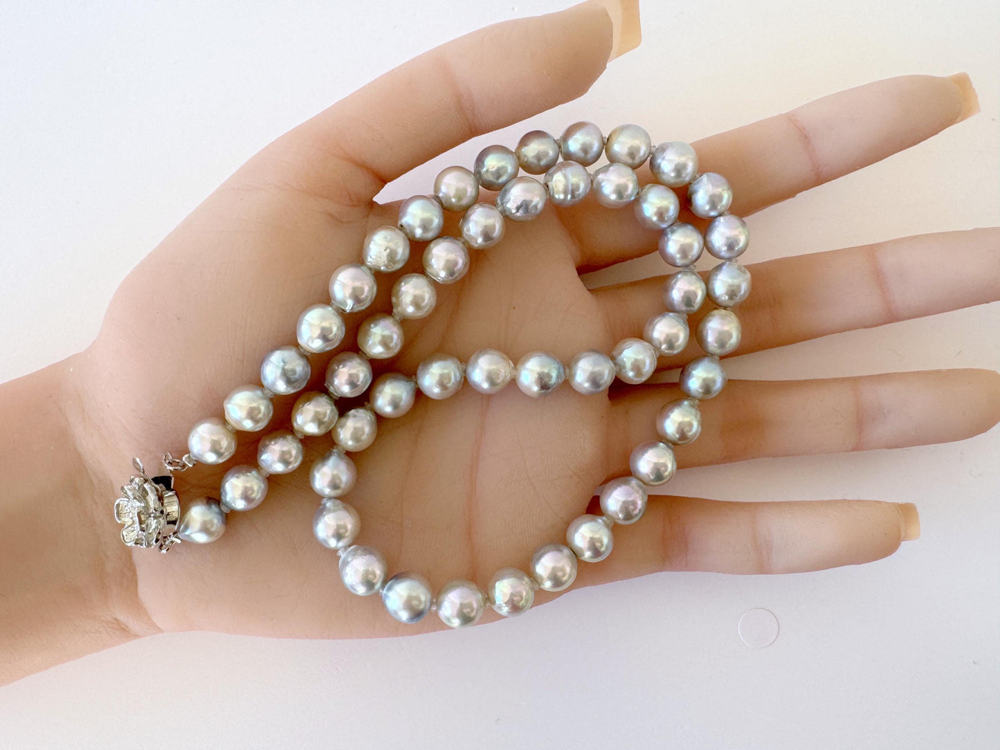 Akoya Pearl Necklace - 7.5-8mm Natural Blue Cultured Saltwater Pearls, Silver Clasp