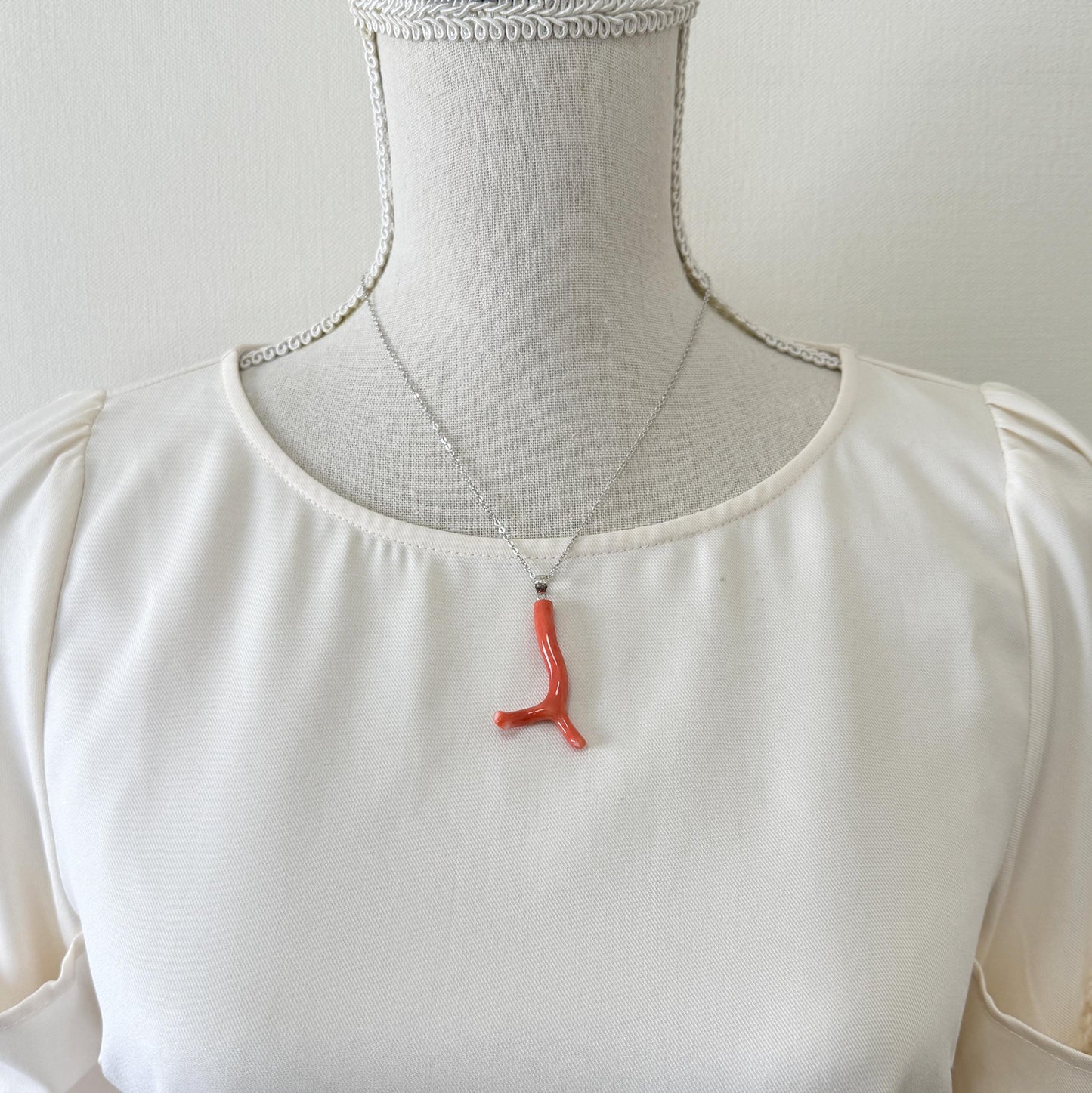 Momo Coral Branch Pendant Natural, Japanese Orange Coral (44mm Length, Rhodium-Plated Silver Bail, Deep Sea Origin)