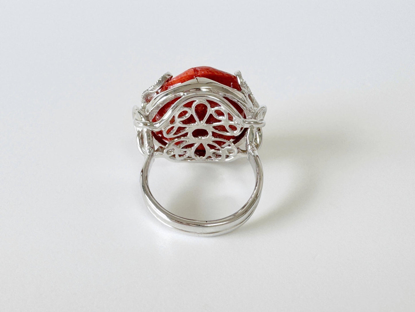 Sponge Coral Rose Ring: Natural Patterned Red Coral Flower Jewelry, Sterling Silver (Size Jp 13, US 6.5-7, UK M-N, IT 53)