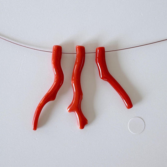 Natural Japanese Momo Coral branches, Set of 3pcs, Natural Dark Orange Color, Side Full-Hole, Genuine Precious Coral, for Jewelry Making