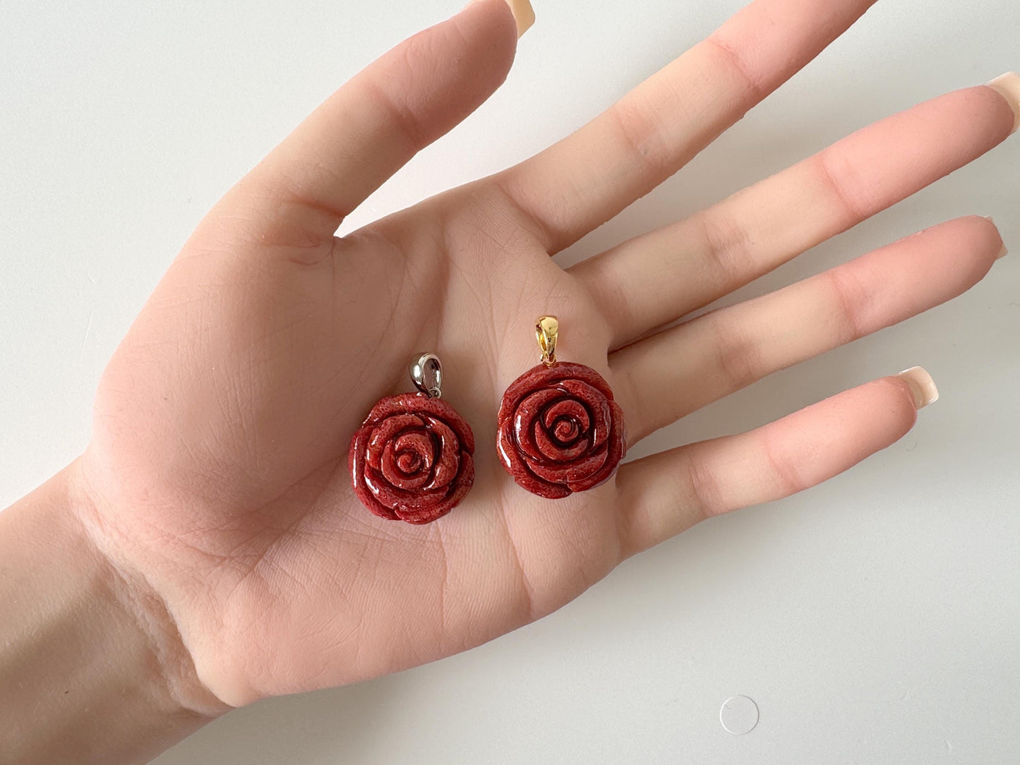 Natural sponge coral rose pendant 20mm, Dark red color, Brass bail, Price per piece