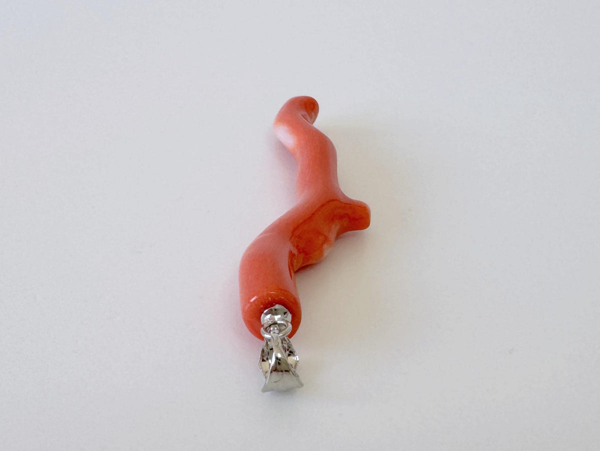 Momo Coral Branch Pendant Natural Jewelry, Japanese Orange Coral (47mm Length, Rhodium-Plated Silver Bail)