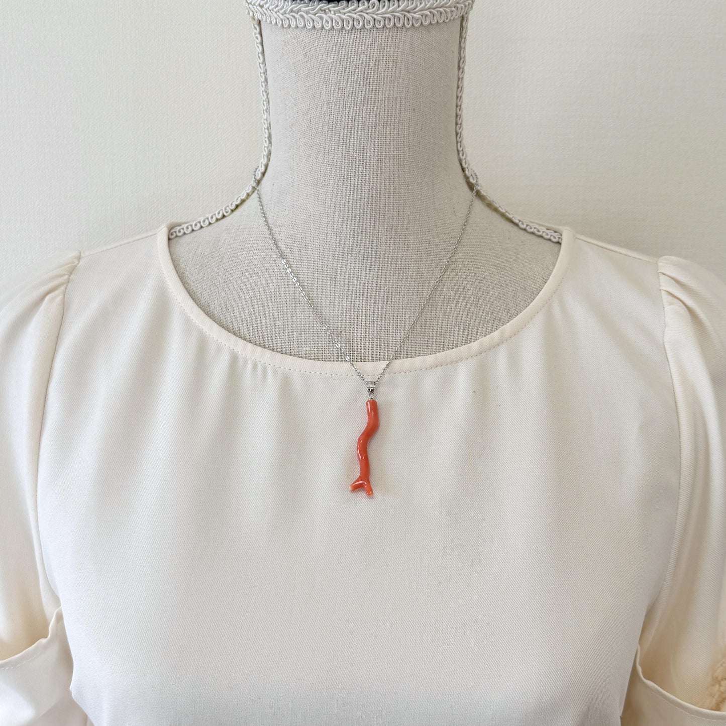 Momo Coral Branch Pendant: Natural Japanese Orange Coral, Sea Inspired Design (44mm, Silver Rhodium Bail)