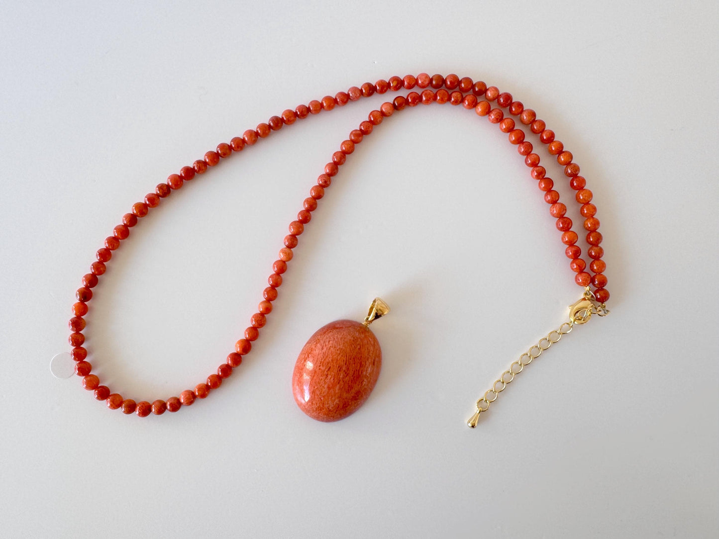 Sponge Coral Necklace with Oval Pendant, Bright Red, Brass Hook & Adjuster, Bail