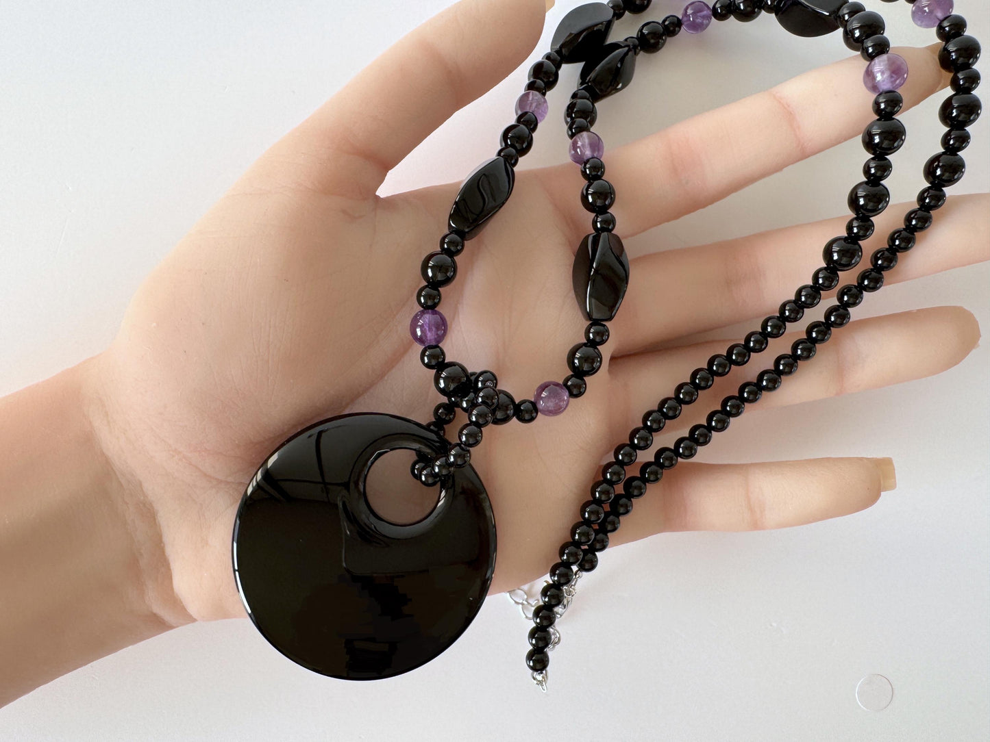 Onyx, Amethyst Necklace with Pendant, Brass Hook & Adjuster