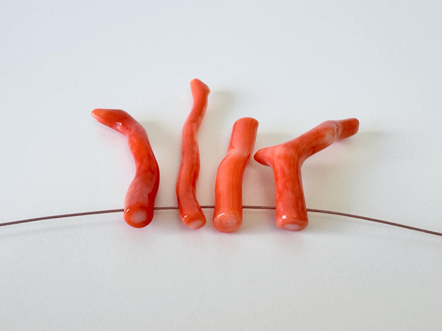 Momo Coral Branch Set: Natural Japanese Orange Coral for Jewelry Making (4pcs, Side Full-Hole, 24-36mm Length, Genuine Material)