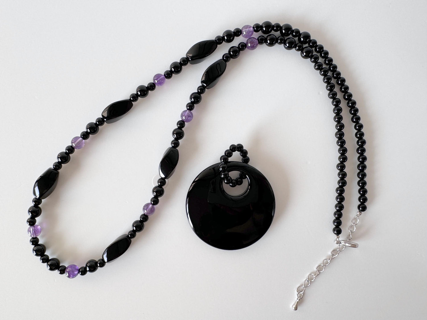 Onyx, Amethyst Necklace with Pendant, Brass Hook & Adjuster