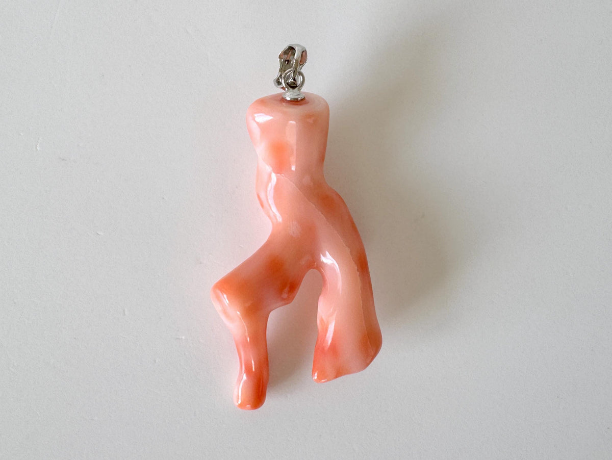 Coral Branch Pendant - Natural Deep Sea Coral Jewelry - Pink Orange Branch, Rhodium-Plated Silver Bail, 45mm Length