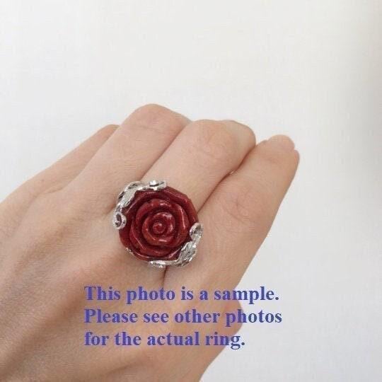 Sponge Coral Rose Ring: Natural Patterned Red Coral Flower Jewelry, Sterling Silver (Size Jp 13, US 6.5-7, UK M-N, IT 53)
