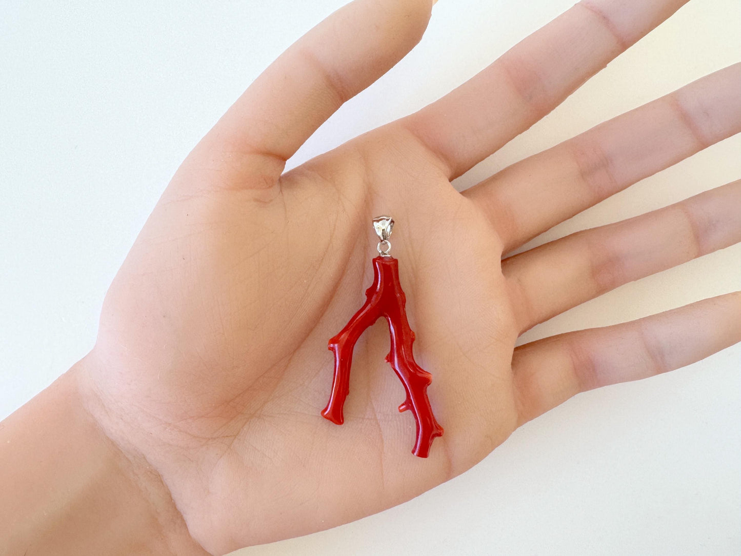 Natural Red Coral Branch Pendant: Oxblood Japanese Aka Coral, Rhodium Plated Silver Bail, 41mm