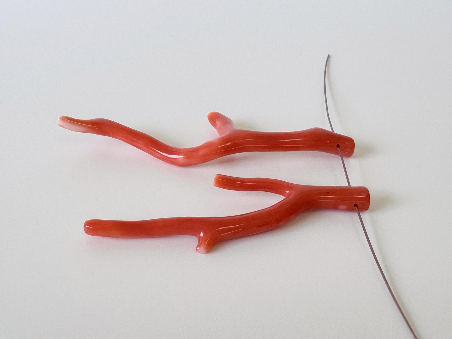 Momo Coral Branches: Natural Orange Japanese Set of 2, Side Full-Hole | Genuine Precious Coral, Jewelry Making, 49-58mm
