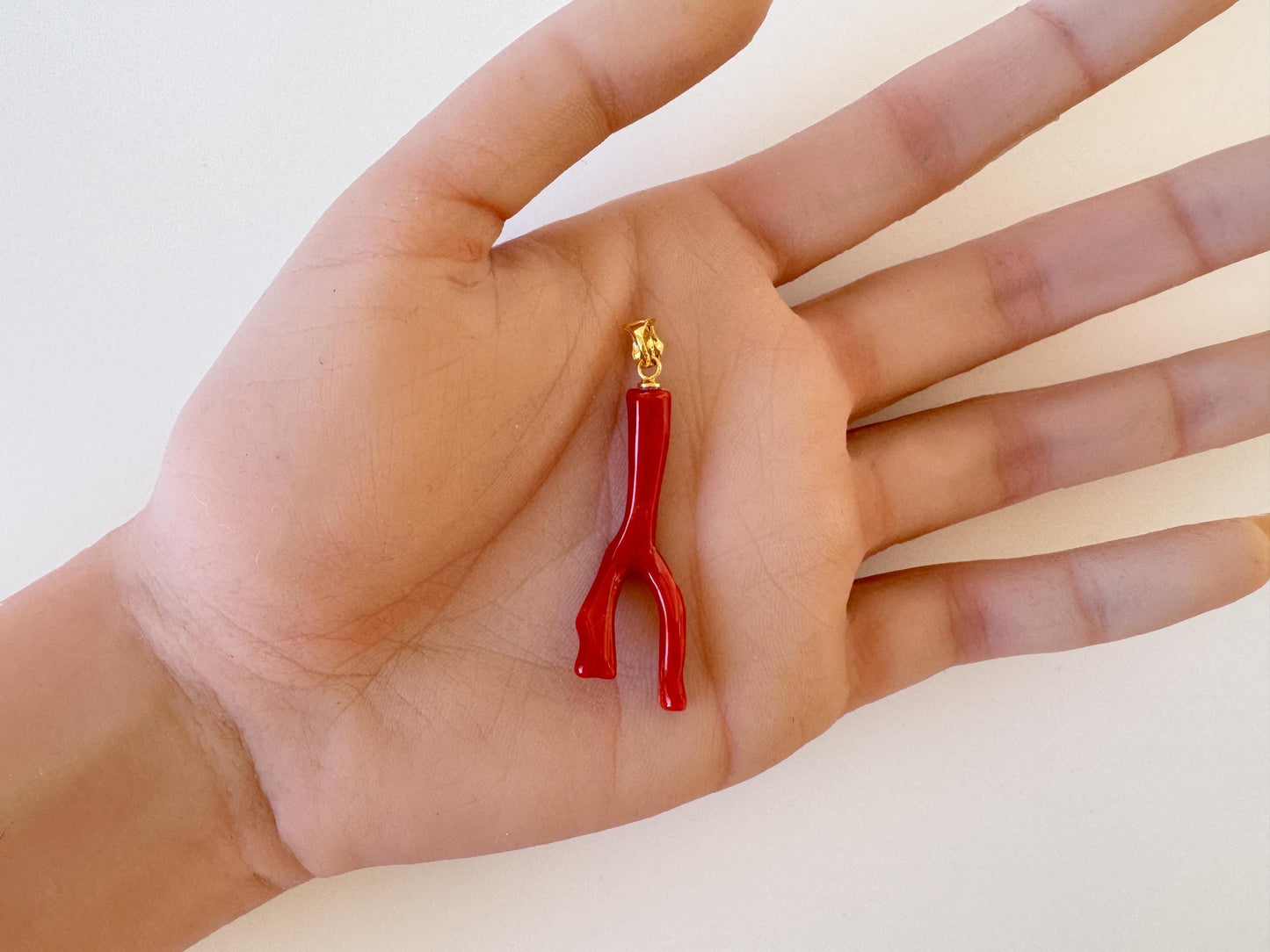 Natural Red Coral Branch Pendant: Japanese Aka Coral, Gold Plated Silver Bail, 40mm