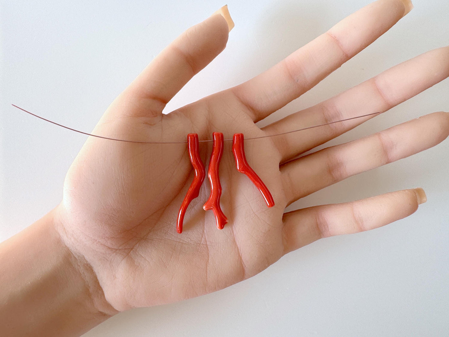 Natural Japanese Momo Coral branches, Set of 3pcs, Natural Dark Orange Color, Side Full-Hole, Genuine Precious Coral, for Jewelry Making