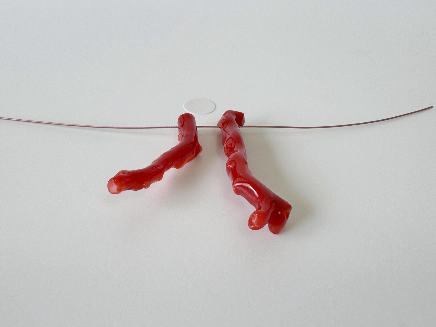 Japanese red(Aka) coral branch set for 2pcs, 30-34mm, side full hole, natural red color coral for jewelry making