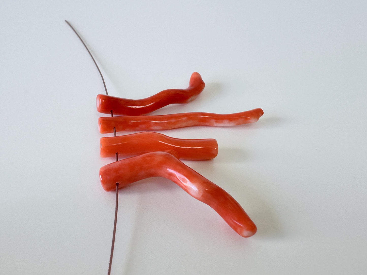 Momo Coral Branch Set: Natural Japanese Orange Coral for Jewelry Making (4pcs, Side Full-Hole, 24-36mm Length, Genuine Material)