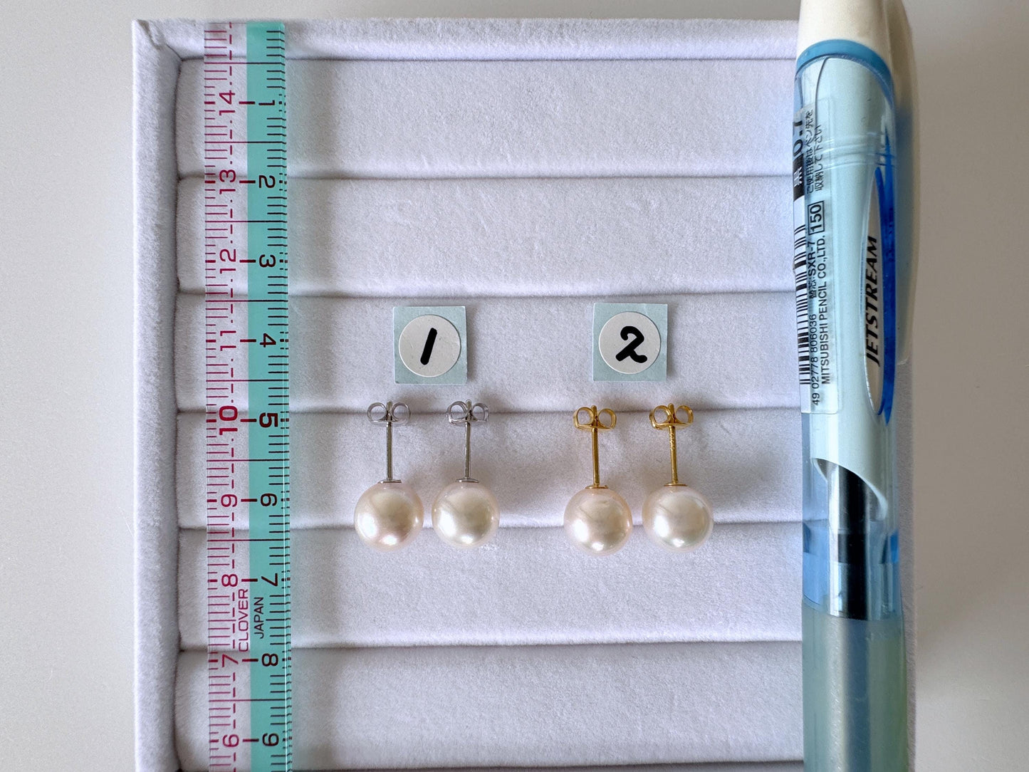 Japanese White Akoya Pearl Stud Earrings, 8.5mm, Silver 925 Post/Ear Nuts, Genuine Akoya Pearl, Salt water cultured pearl