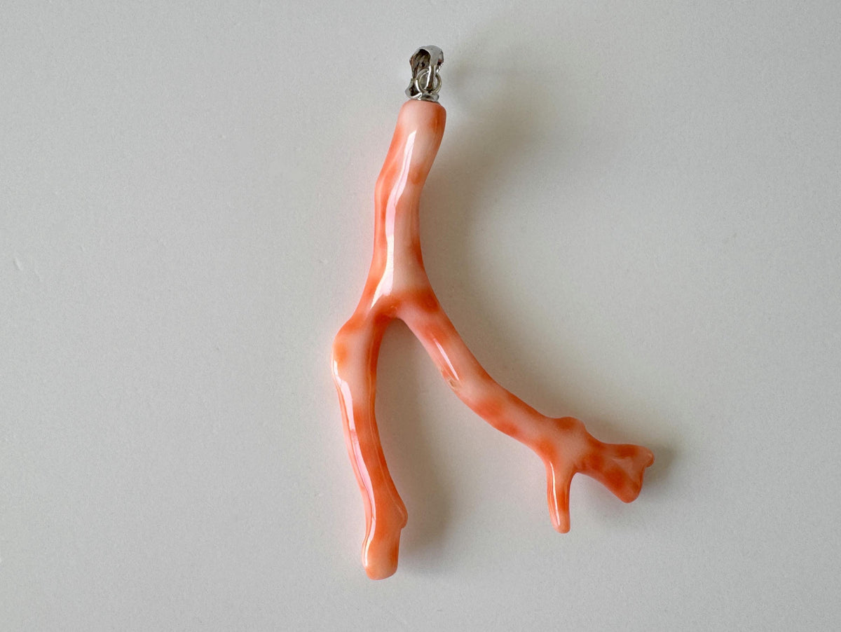 Coral Branch Pendant - Natural Deep Sea Coral Jewelry - Pink Orange Branch, Rhodium-Plated Silver Bail, 54mm Length