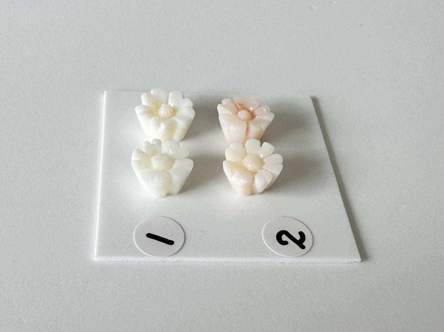 Coral Cherry Blossom Carvings: Natural Deep Sea Coral Sakura Loose Pair, White Pink Tones | 10mm, Half Drilled, Jewelry Making Supplies