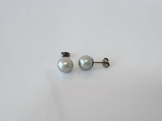 Blue Akoya Pearl Stud Earrings, 8.7mm, Titanium Posts  (Cobalt treated)