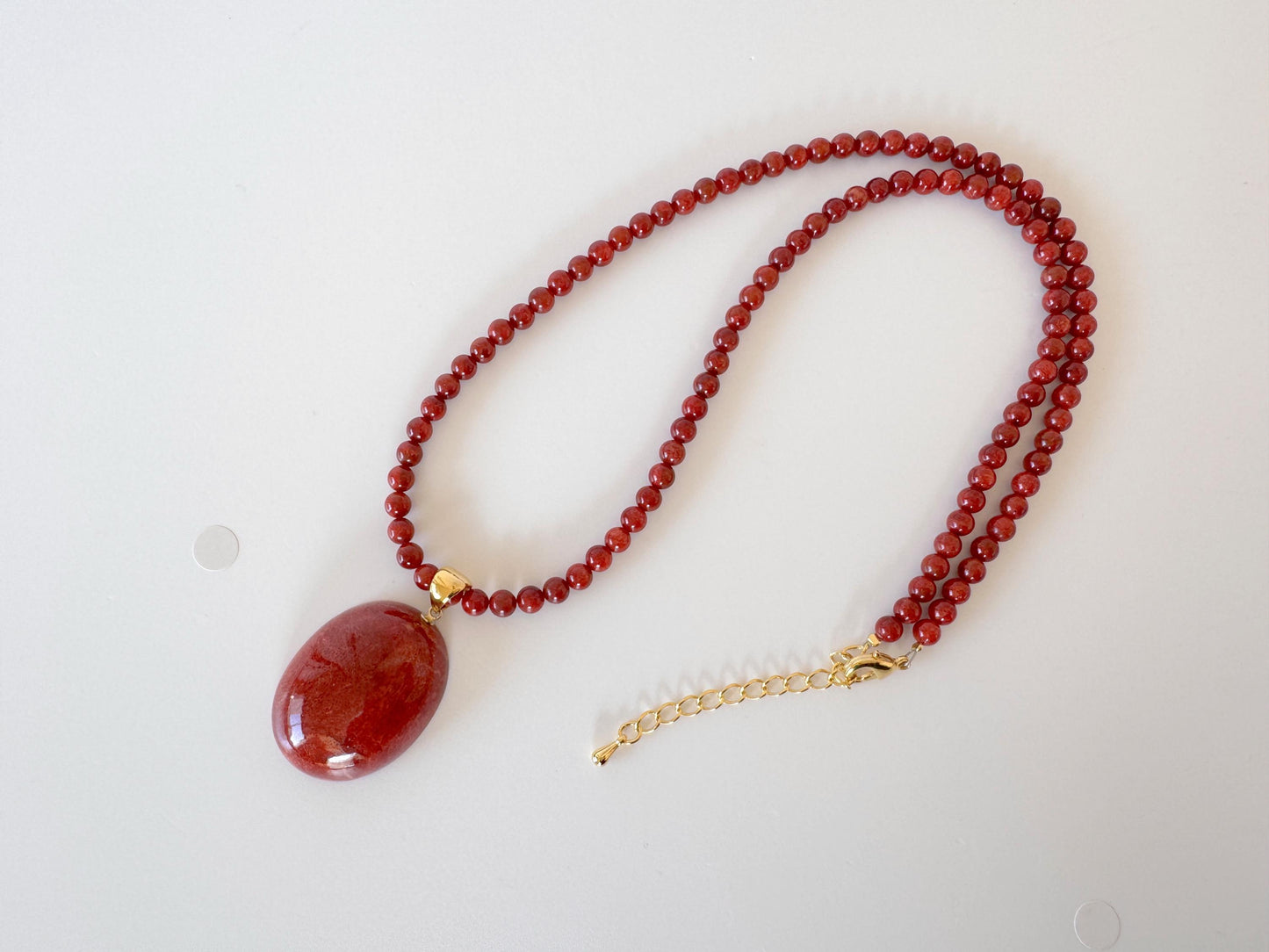 Sponge Coral Necklace with Oval Pendant, Dark Red, Brass Hook & Adjuster, Bail