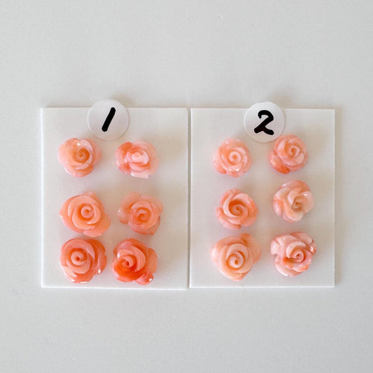 Pink Coral Rose Carvings Handmade Beads, Natural Deep Sea Coral (Value Priced Set, Drilled Holes, 6pcs 6.8-8.9mm)