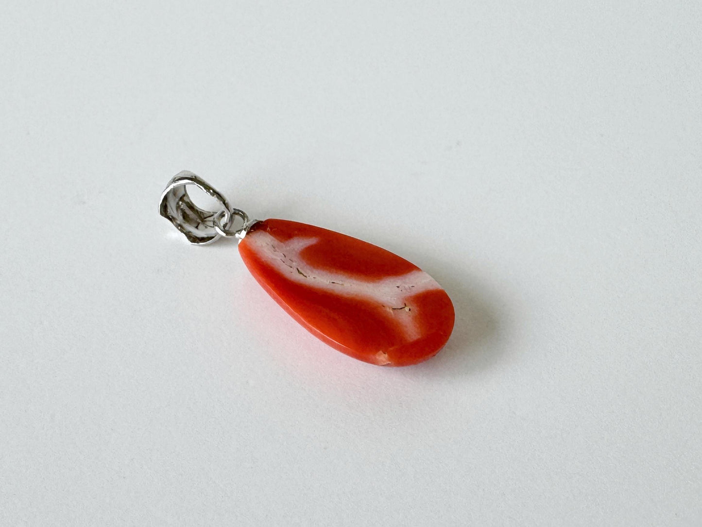 Orange Momo Coral Pendant - Natural Pear Shaped Coral Jewelry - Silver Bail (Rhodium-Plated), Genuine Material, 18x10.4mm