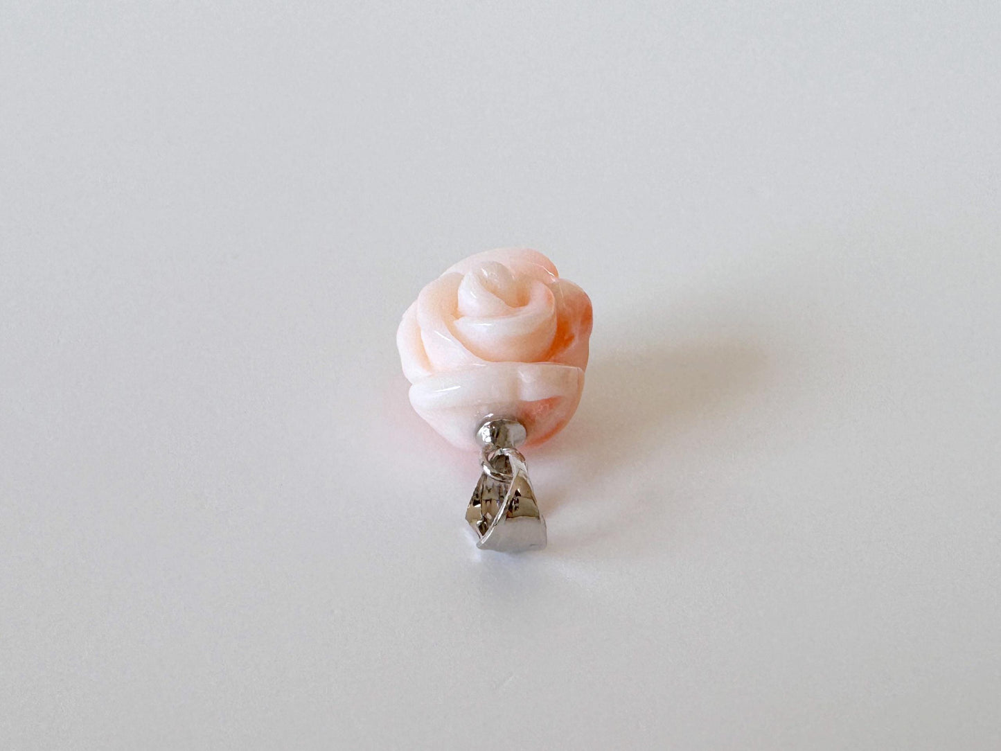 Natural Coral Rose Pendant Carved Jewelry, Deep Sea Coral, Pink White (13.6x12.3mm, Silver Bail, Genuine Coral Amulet)