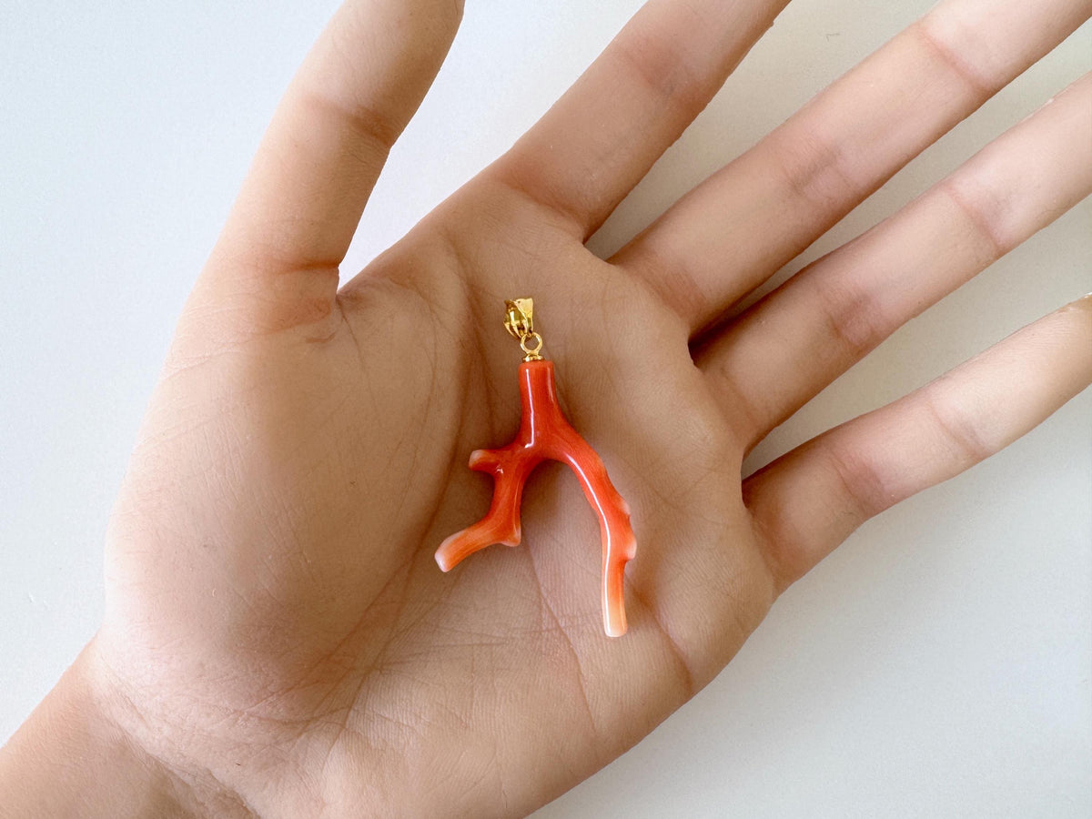 Momo Coral Branch Pendant Natural, Japanese Orange Coral (40mm Length, Silver Gold-Plated Bail, Genuine)