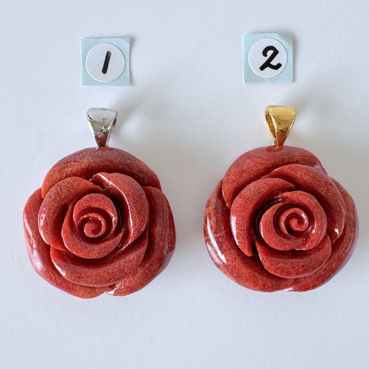 Sponge Coral Rose Pendant - Reddish-Brown Carved Jewelry - 30mm Diameter, Brass Bail, Apple Coral