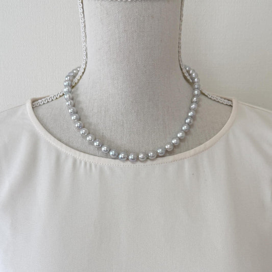 Japanese Akoya Pearl : Natural Blue Silver Color - Cultured Saltwater Pearls, 7.6-8.5mm Beads, Silver Clasp Necklace, 45cm