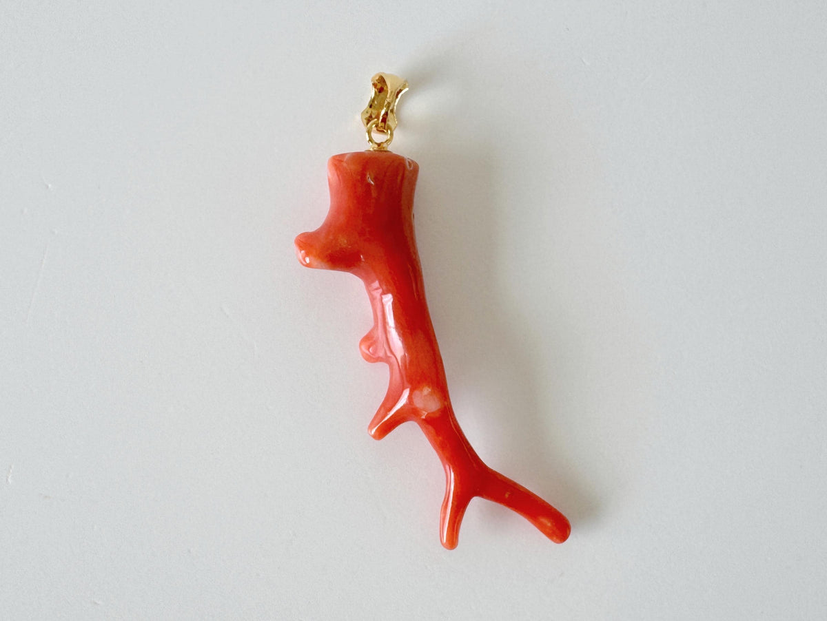 Momo Coral Branch Pendant: Natural Japanese Orange Coral Jewelry (44mm Size, Silver Gold-Plated Bail, Genuine Supply)