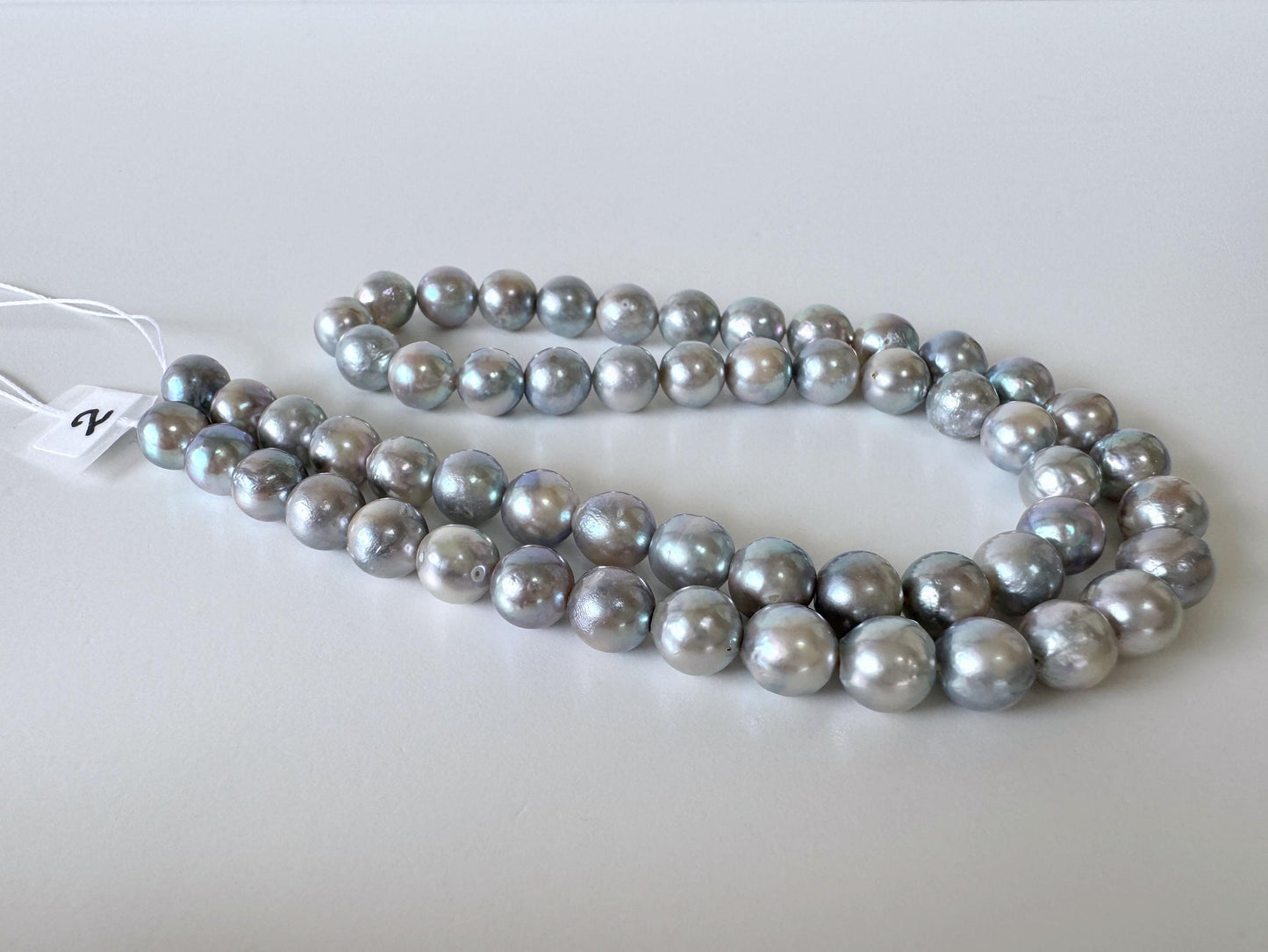 Japanese Akoya Pearl Strand - Cultured Semi-Round Beads - Natural Blue Silver Color, 7-7.5mm Size, Full 40cm Length + Additional 4 pcs