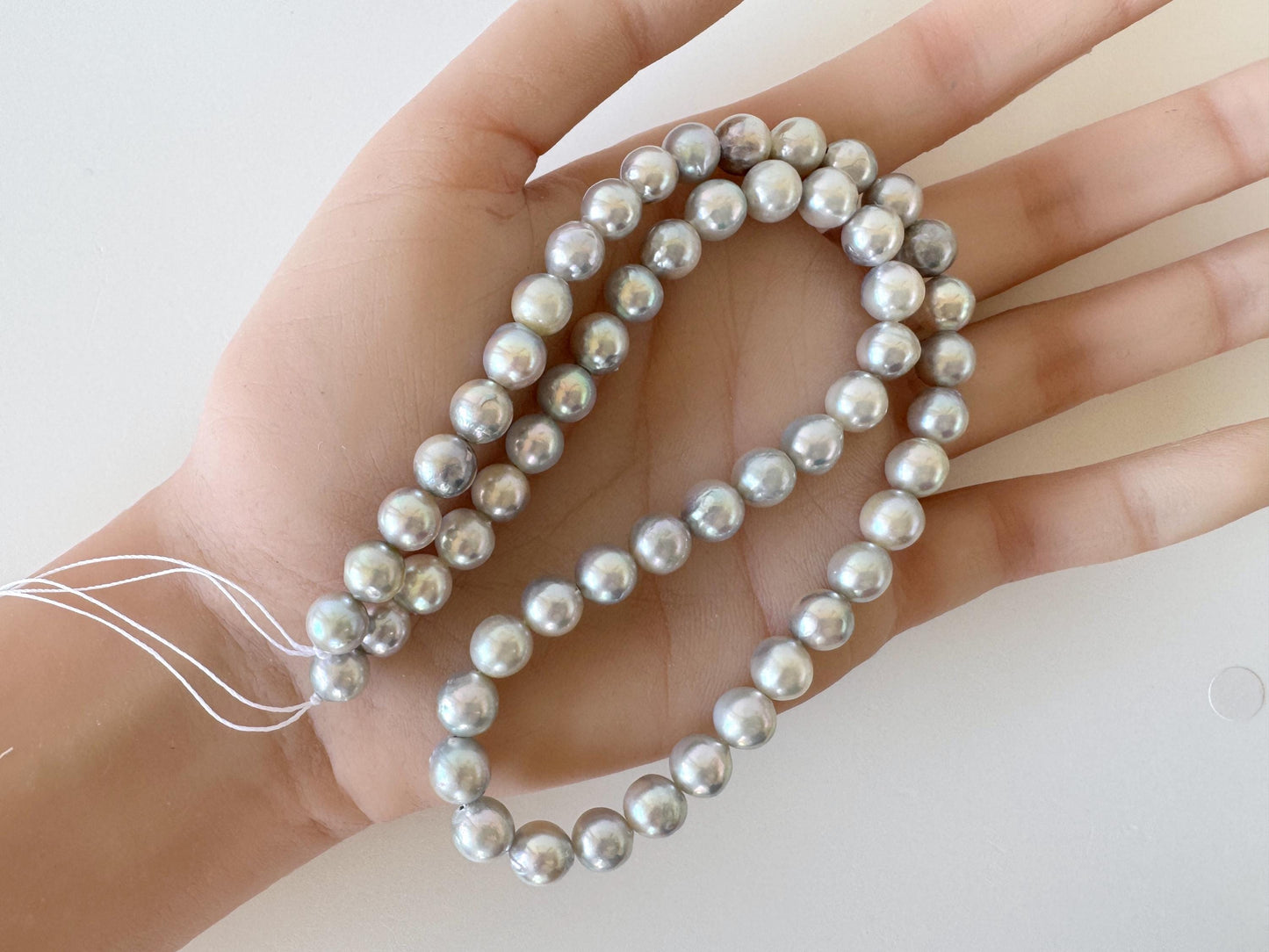 Japanese Akoya Pearl Strand - Natural Blue Silver Cultured Beads - Semi-Round Shape, 7-7.5mm Size, Saltwater Pearls, 40cm Length