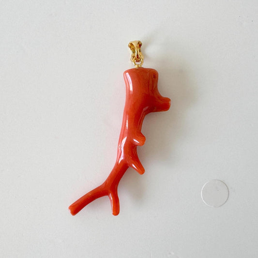 Momo Coral Branch Pendant: Natural Japanese Orange Coral Jewelry (44mm Size, Silver Gold-Plated Bail, Genuine Supply)