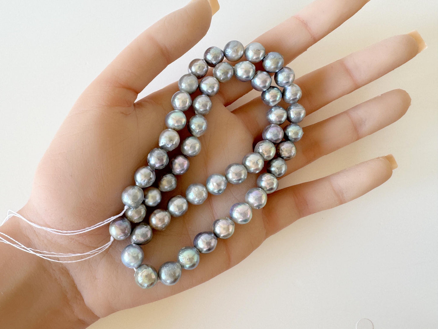 Japanese Akoya Pearl Strand - Natural Blue Silver Cultured Beads - Semi-Round Shape, 8-8.5mm Size, Saltwater Pearls, 40cm Length