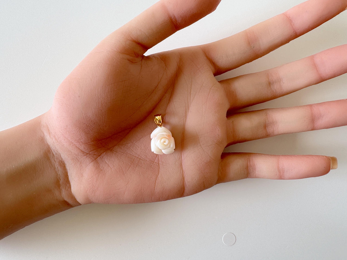 Deep Sea Coral Rose carved Pendant, 14.1x12.2mm, Natural White/Pink Color Coral, Silver (gold plated) bail, Genuine Coral Pendant