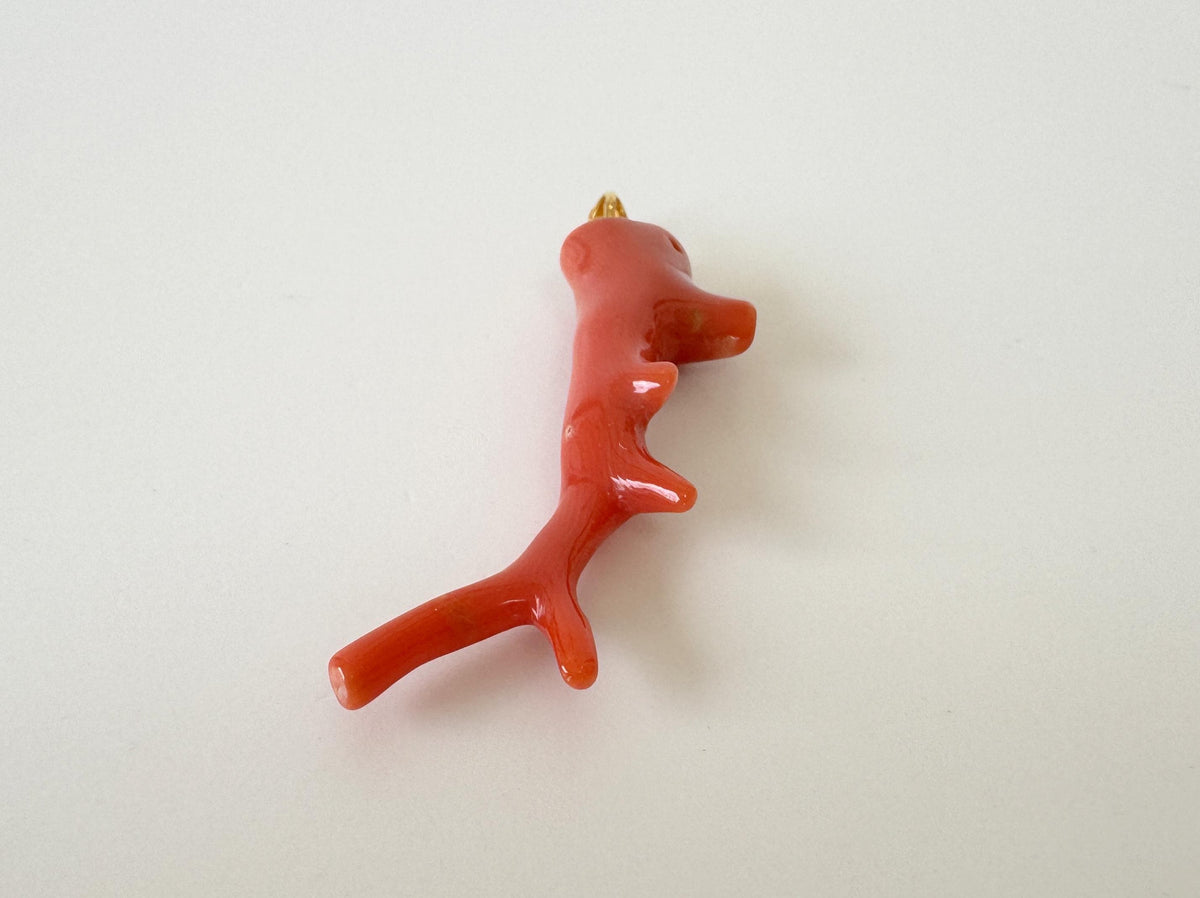 Momo Coral Branch Pendant: Natural Japanese Orange Coral Jewelry (44mm Size, Silver Gold-Plated Bail, Genuine Supply)